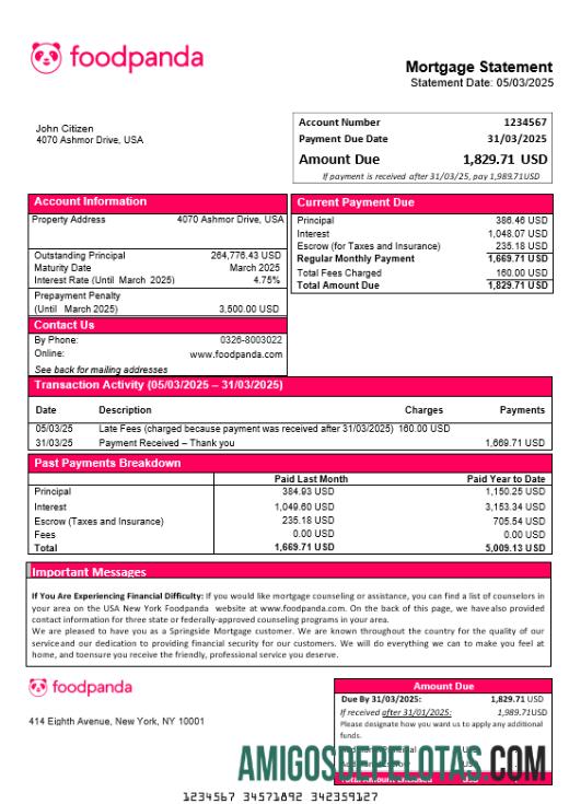 Declaração de hipoteca Foodpanda dos EUA em Nova York em formatos Word e PDF baixar para verificação